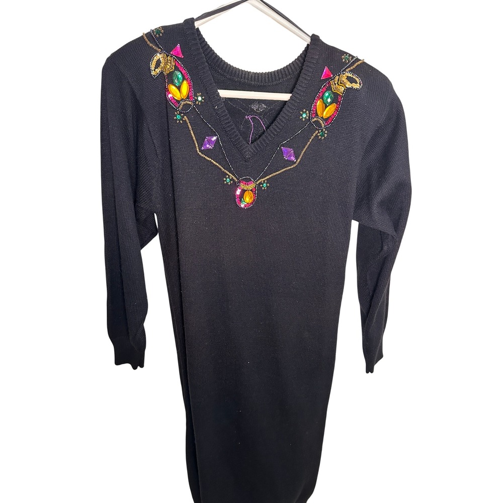 Plain Jane Sweet Baby Jane Vintage 80s Black Knit Sweater Dress Jewel Beaded M